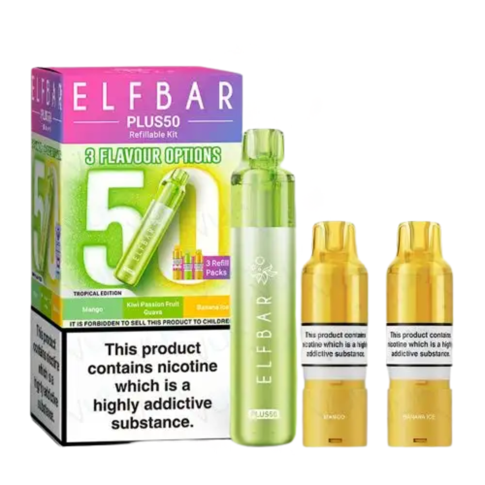 Elf Bar Plus50 refillable kit with packaging and nicotine warning label on a white background