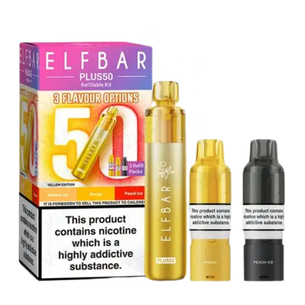 Elf Bar Plus50 vaping device and packaging on a white background