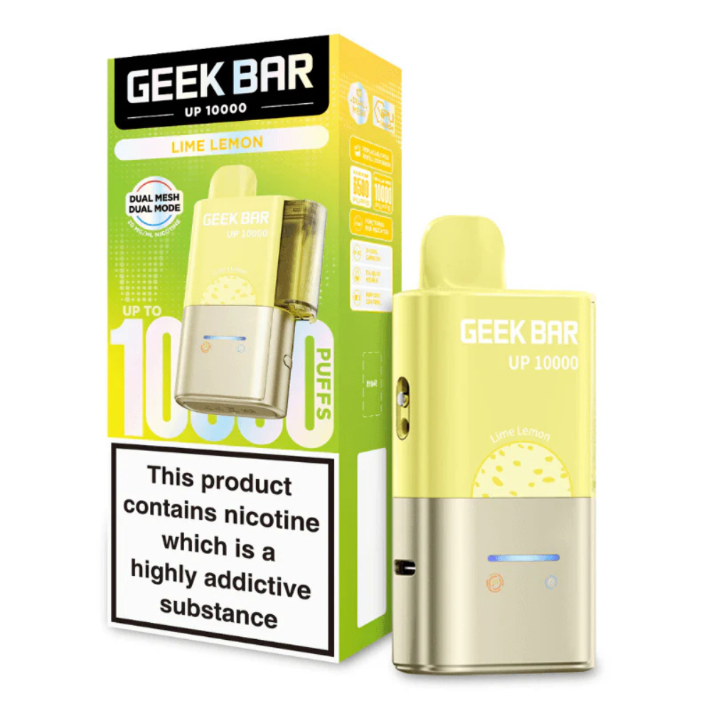 Geek Bar UP 10000 vape device and packaging with lime lemon flavor on a white background