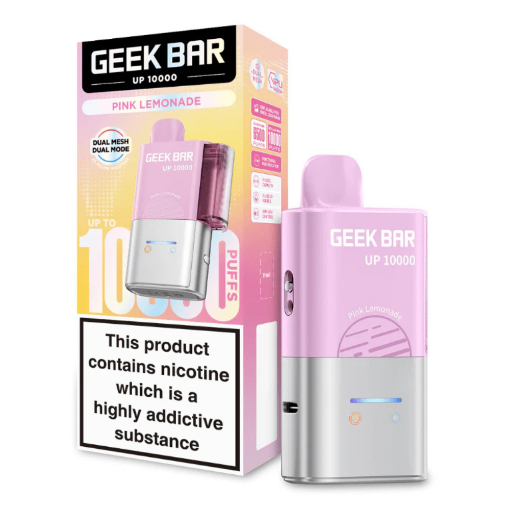 Pink vape device with 'Geek Bar' branding and packaging on a white background