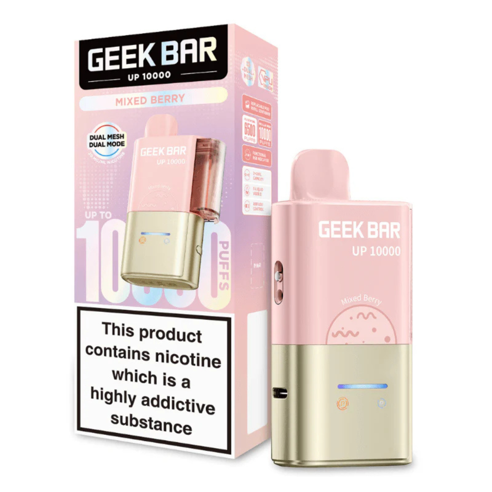 Pink and gold vape device with 'Geek Bar' branding and packaging on a white background.