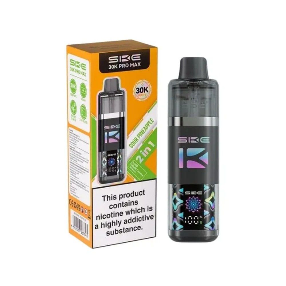 SKE vaping device and packaging on a white background