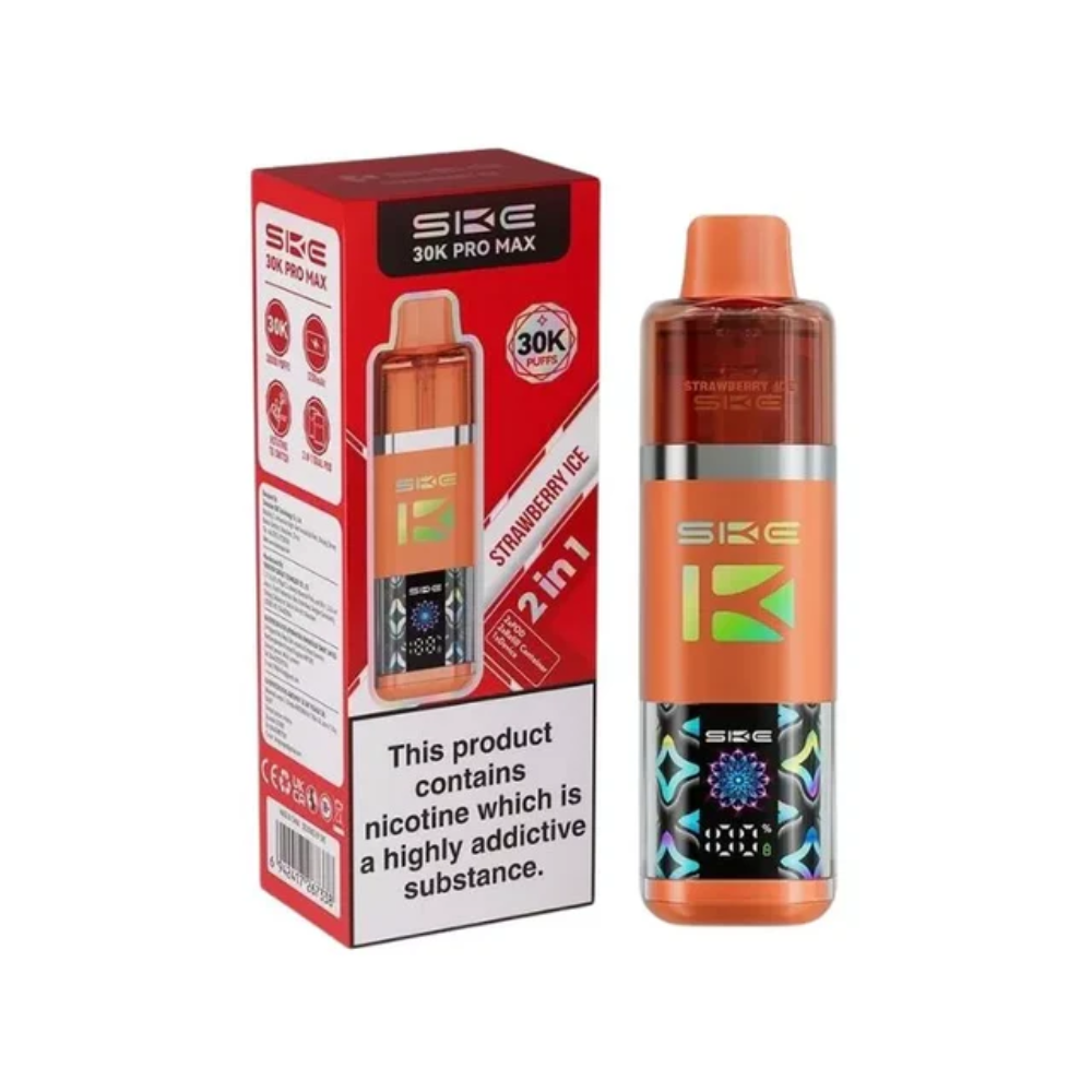 SKE vape device and packaging on a white background