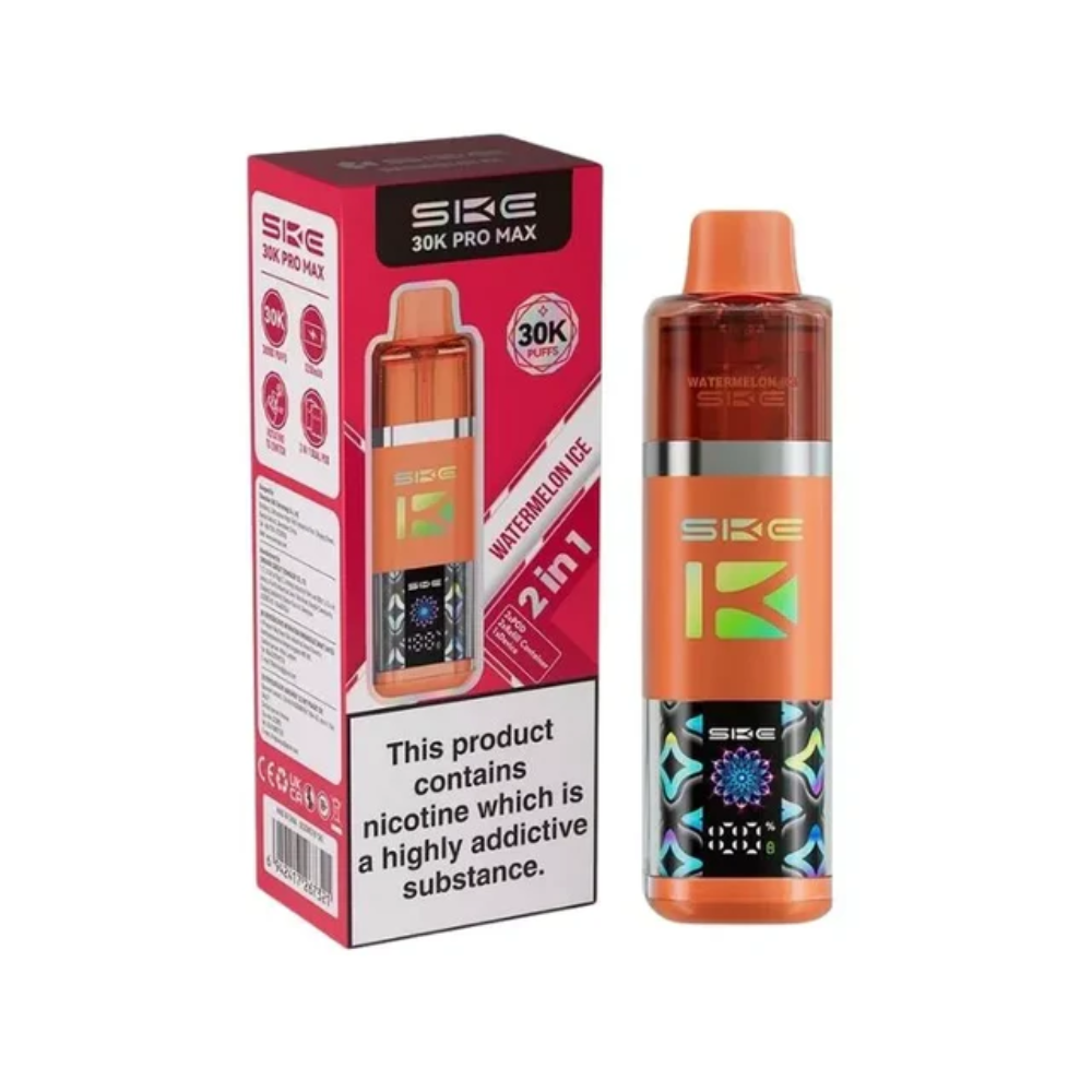 SKE vape device and packaging on a white background