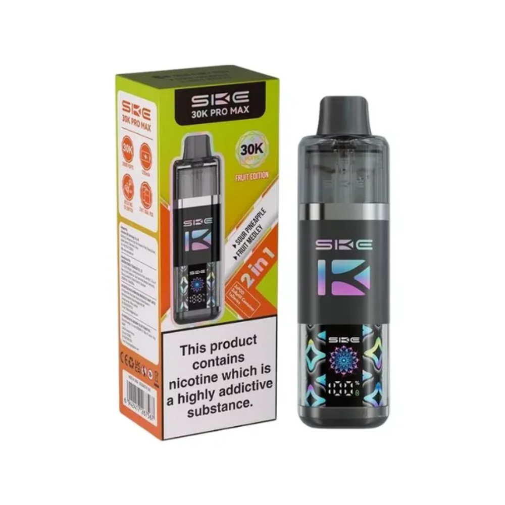 SKE vape device and packaging on a white background