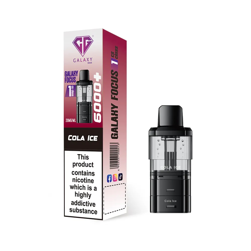 Vape device and packaging with 'GG Galaxy Focus' branding on a white background