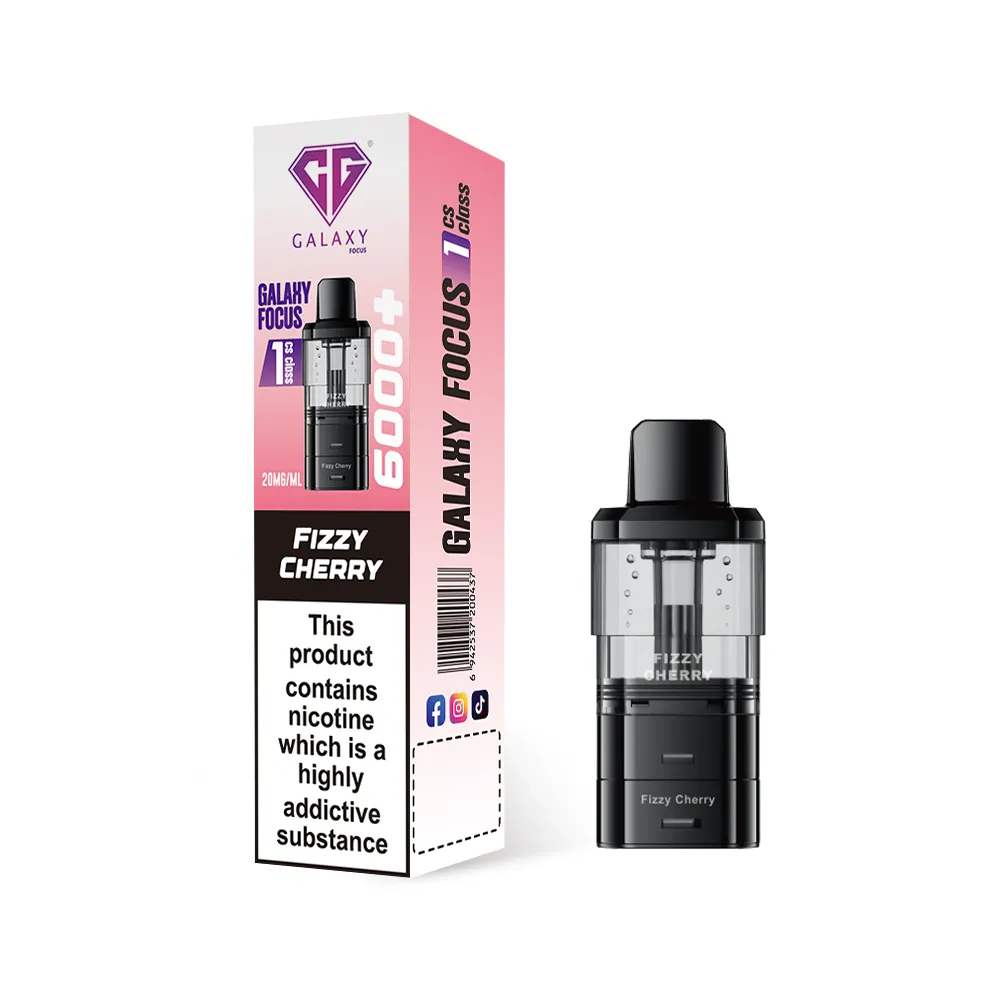 Vape device and packaging with 'Fizzy Cherry' flavor on a white background