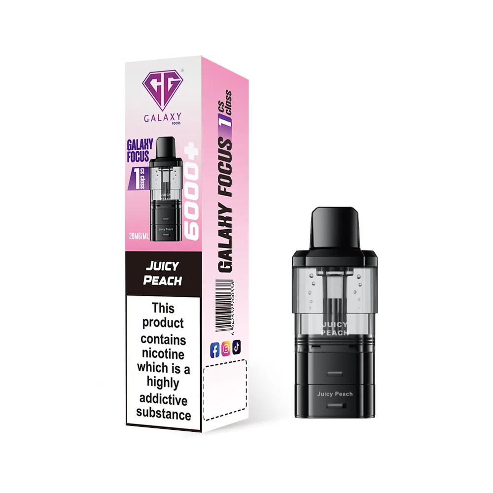 Black vape device with pink and white packaging on a white background