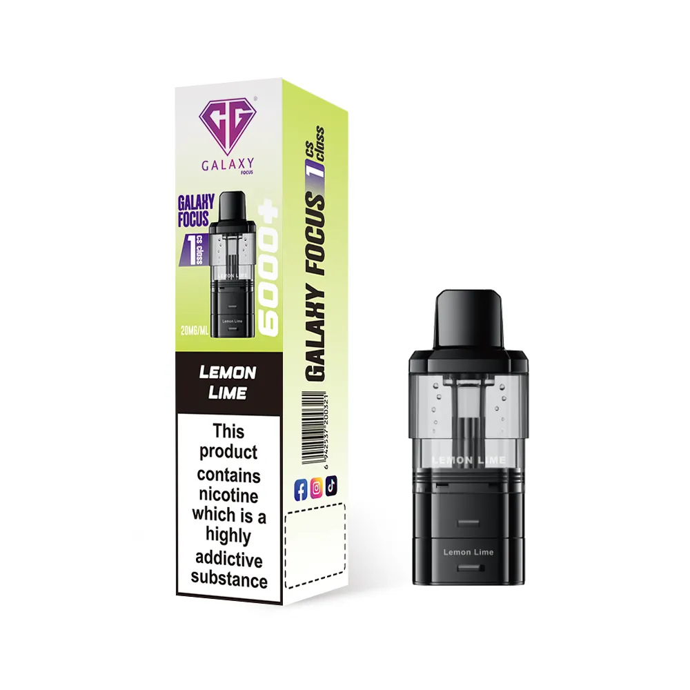 Vape device and packaging with 'Galaxy Focus' branding on a white background