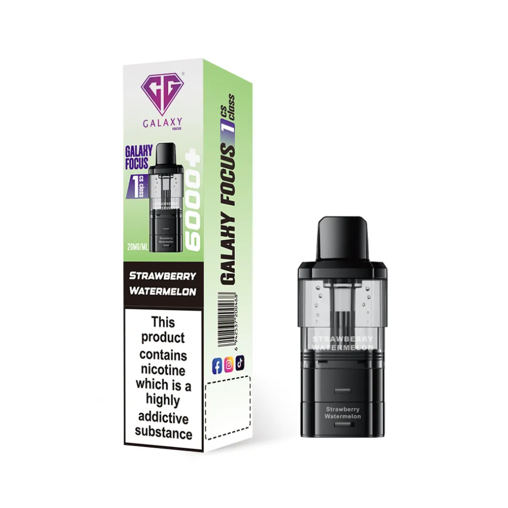 Vape device and packaging with 'Galaxy Focus' branding on a white background