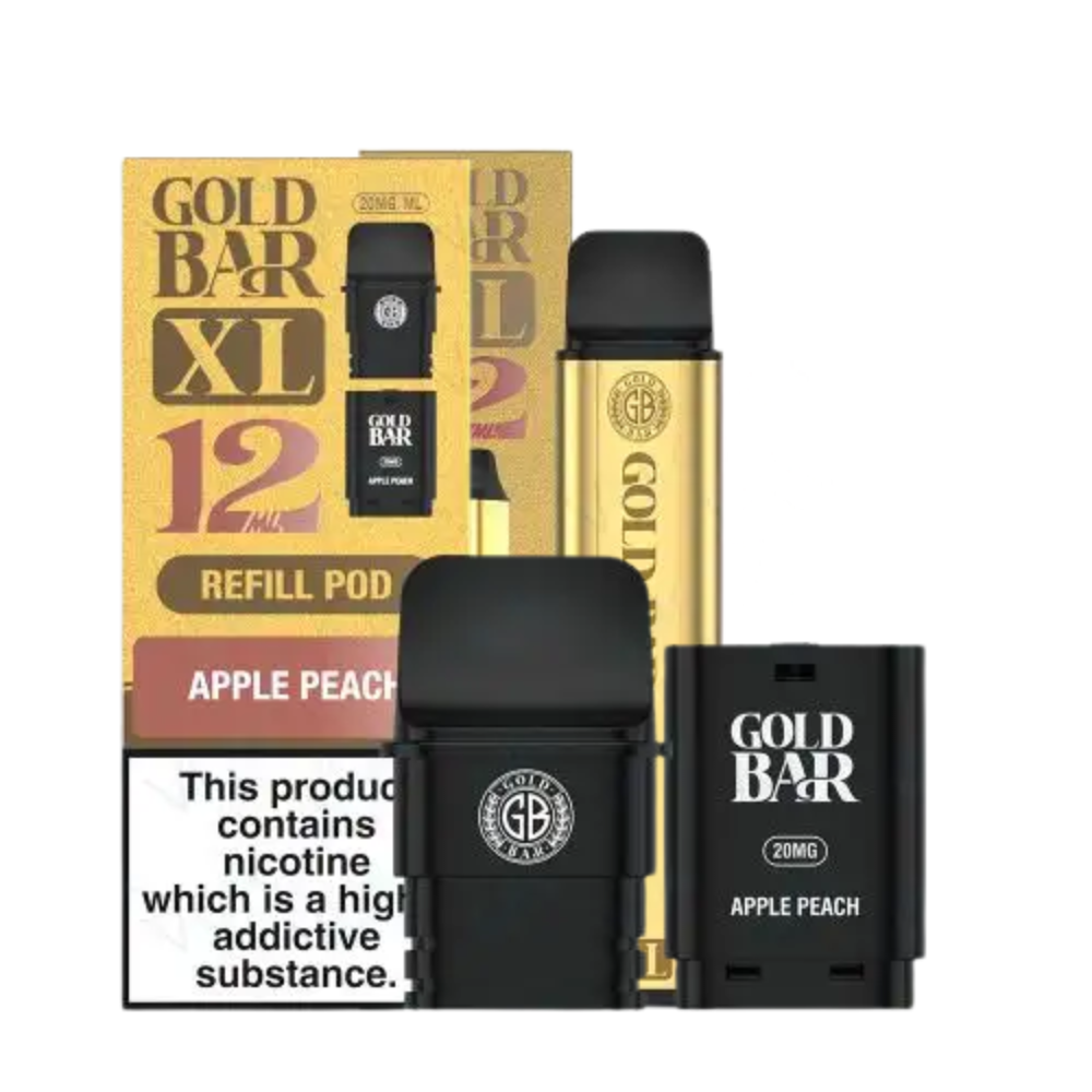 Gold Bar XL refill pod packaging with nicotine warning label on a white background