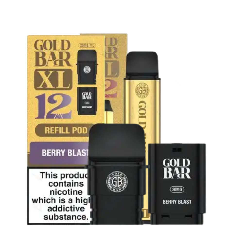 Gold Bar XL refill pod packaging with black and gold vape device on a white background