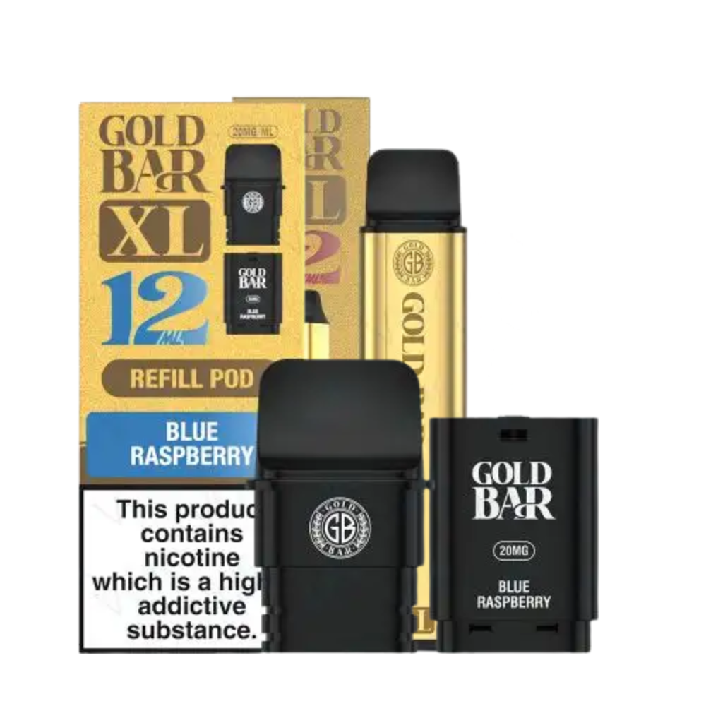 Gold Bar XL refill pod packaging with nicotine warning label on a white background