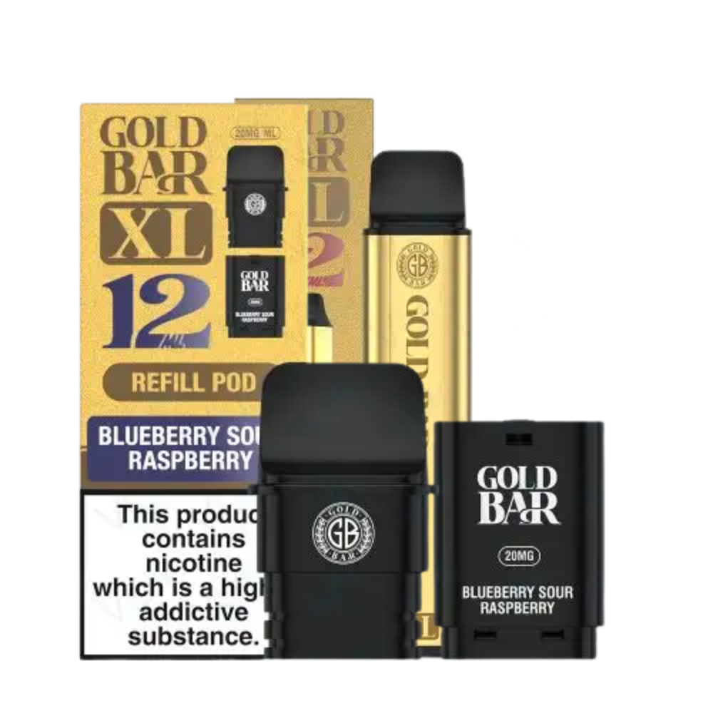 Gold Bar XL refill pod packaging with nicotine warning label on a white background