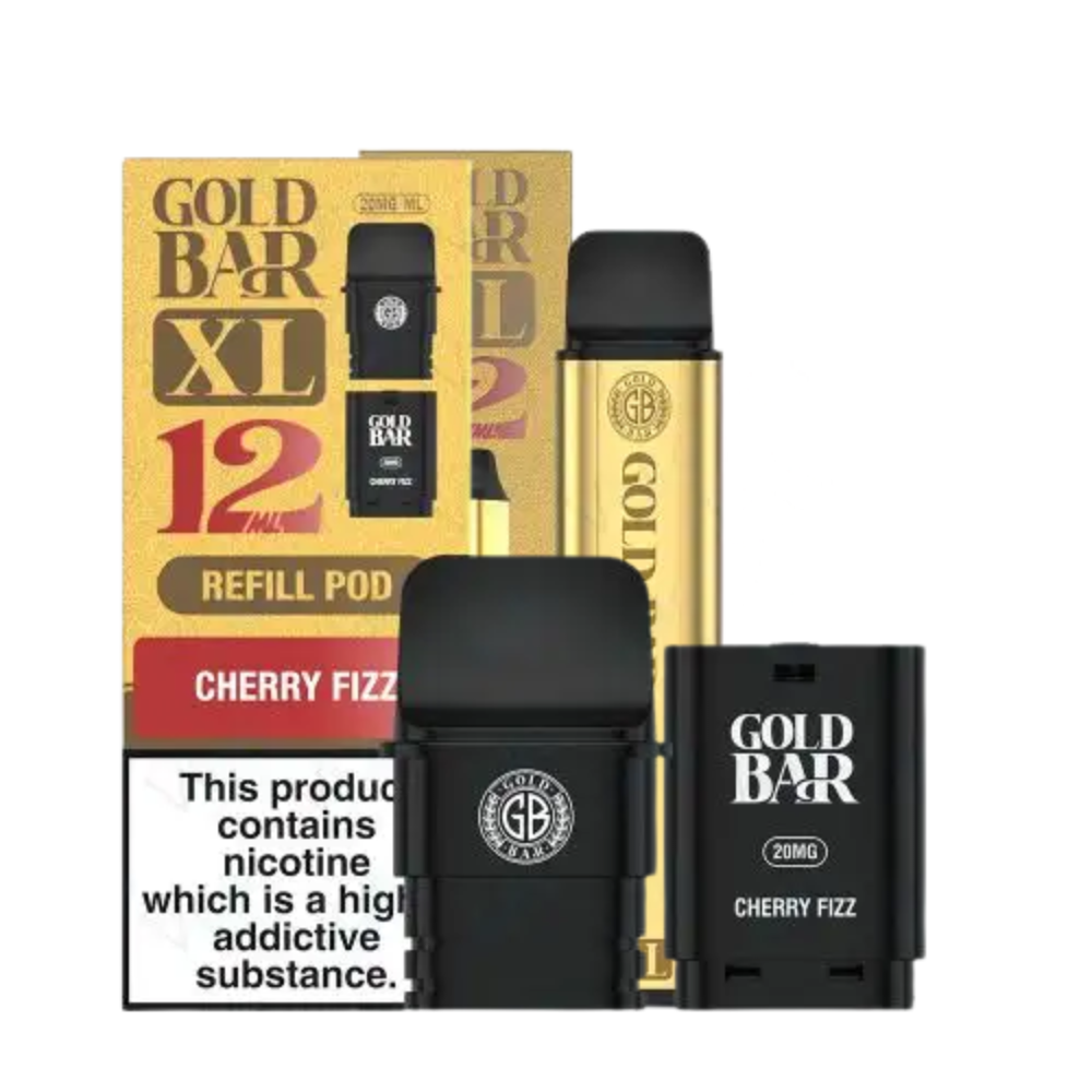 Gold Bar XL refill pod packaging with black and gold vape device on a white background