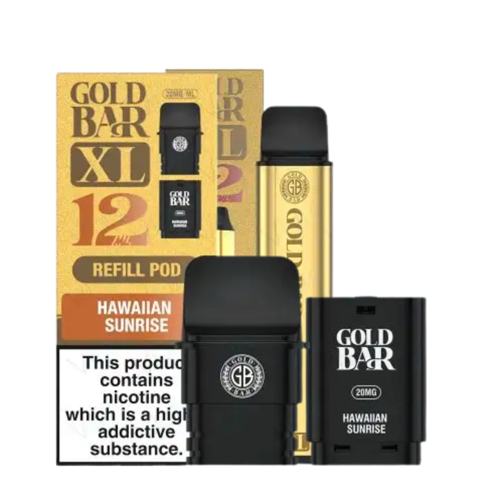 Gold Bar XL refill pod packaging with nicotine warning label on a white background