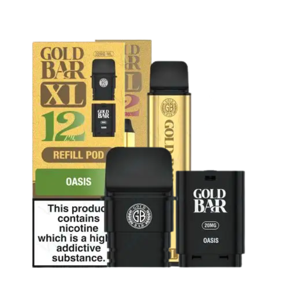 Gold Bar XL refill pod packaging with nicotine warning label on a white background