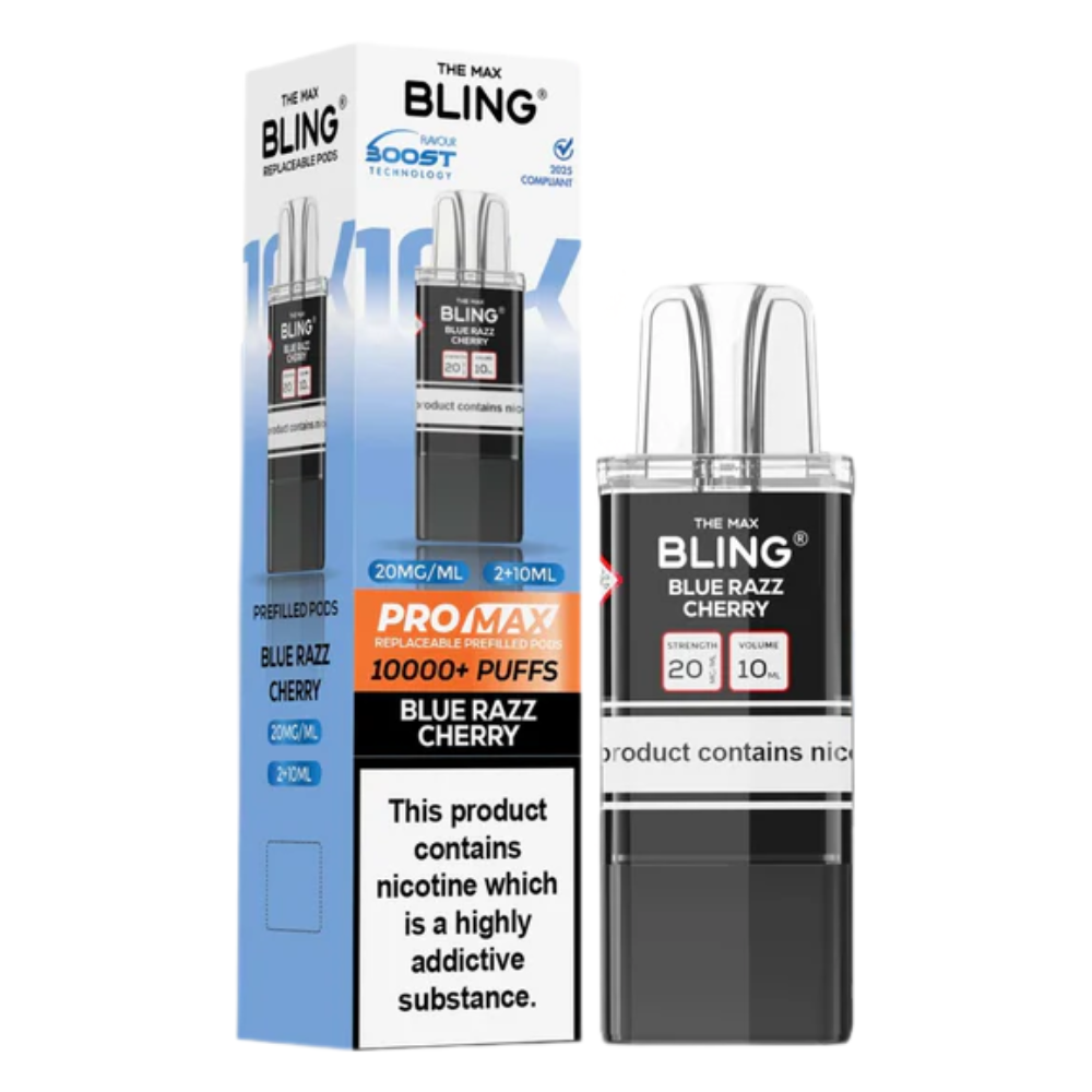 Bling vape pod packaging with product details on a white background