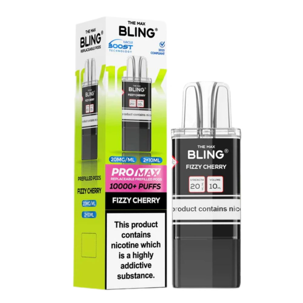 Bling vape pod packaging with nicotine warning label on a white background