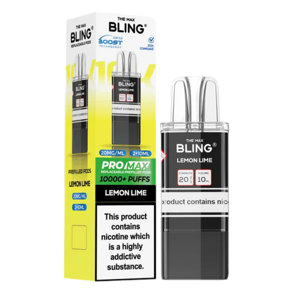 Bling vape device and packaging with lemon lime flavor on a white background