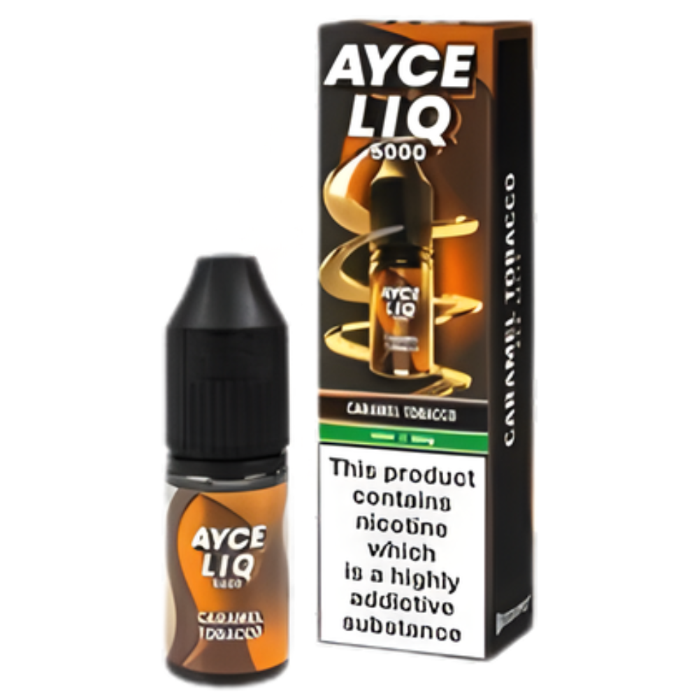 Ayce Liq caramel tobacco e-liquid bottle and packaging on a white background