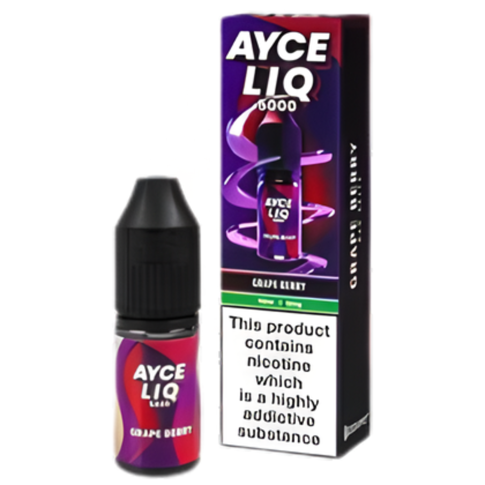 Ayce Liq grape berry vape juice bottle and packaging on a white background