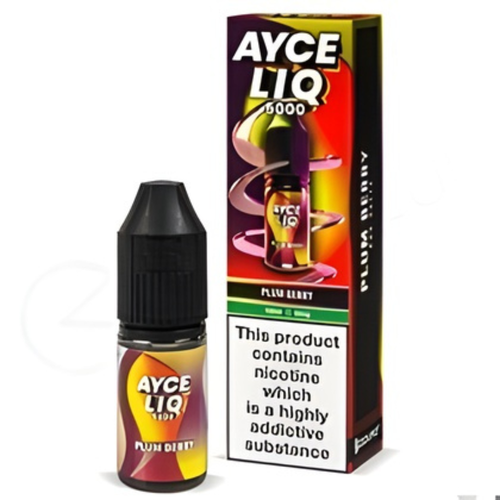 Ayce Liq Plum Berry vape juice bottle and packaging on a white background