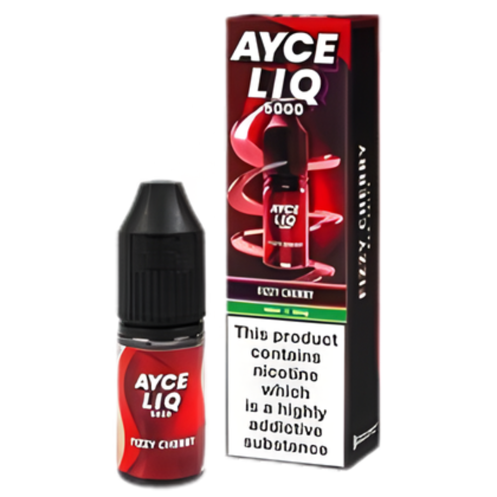 Ayce Liq cherry vape juice bottle and packaging on a white background