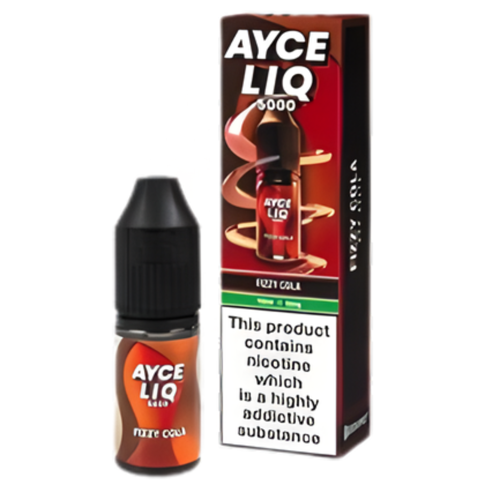Ayce Liq Fizzy Cola vape juice bottle and packaging on a white background