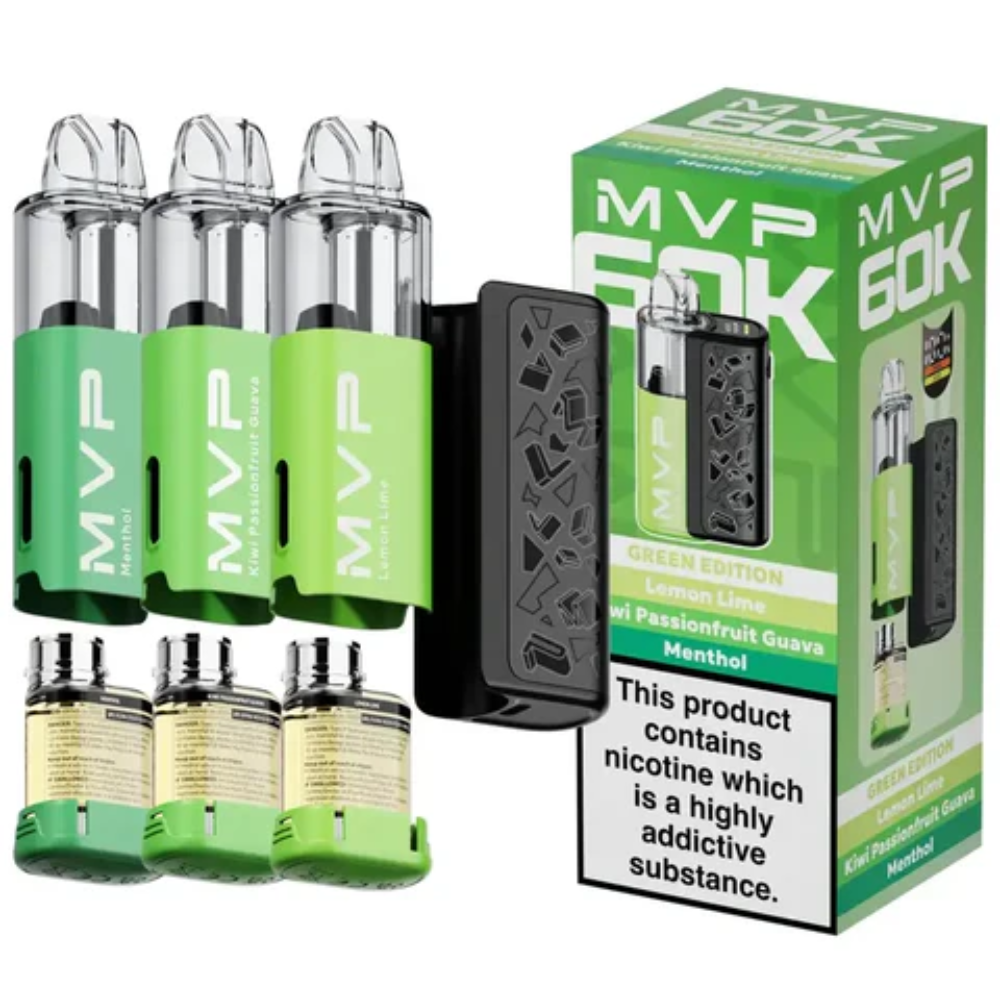 MVP vape device and packaging with nicotine warning label on a white background