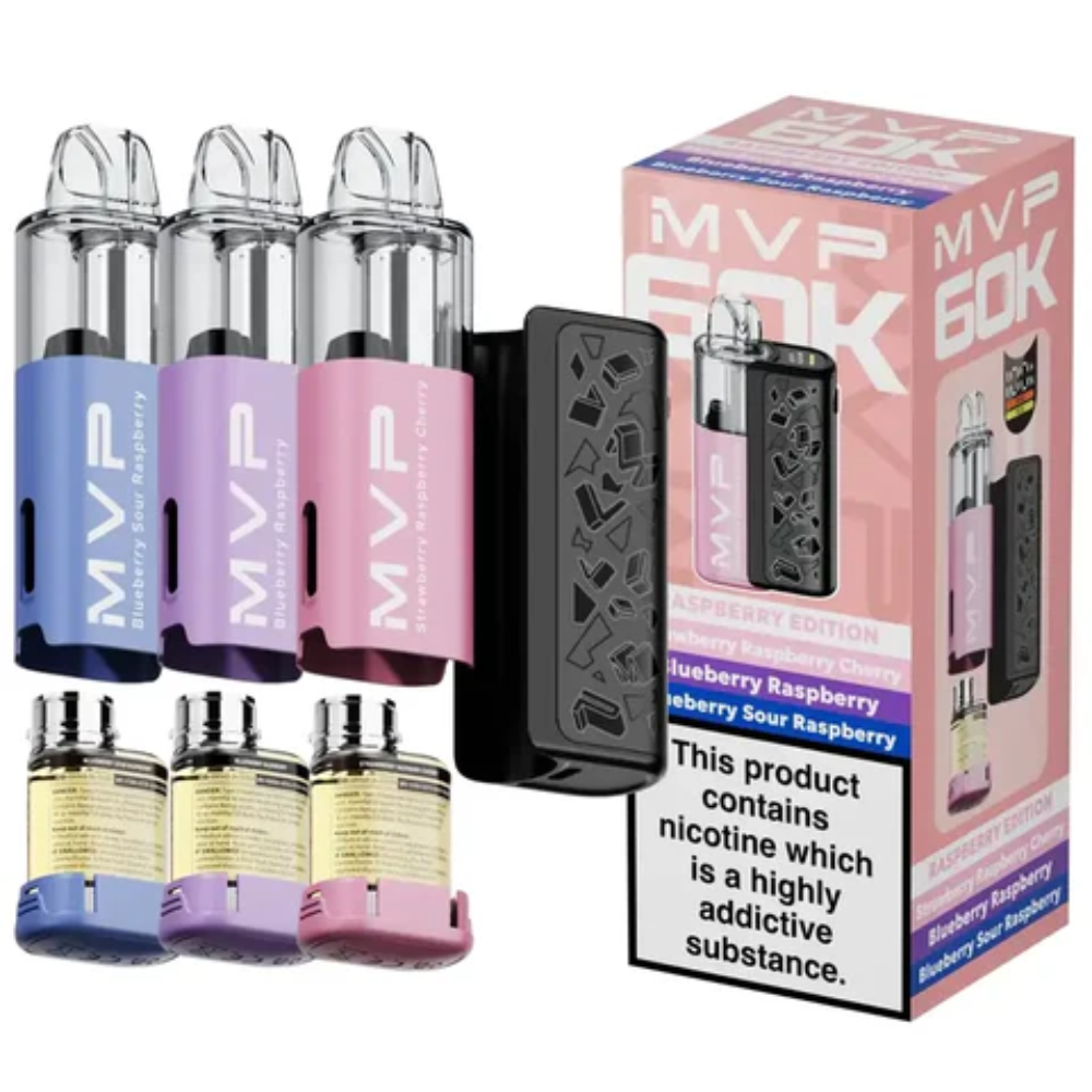 Vape devices and packaging with MVP branding on a white background