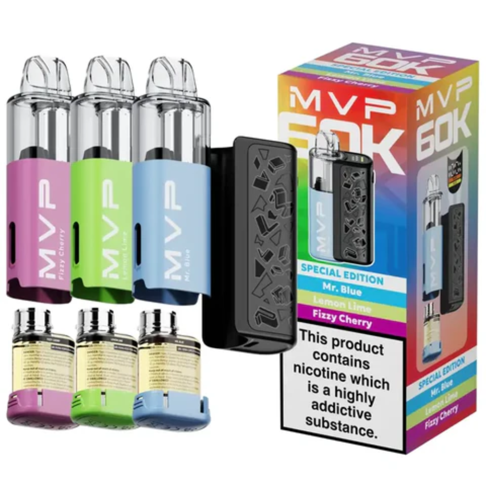 MVP vape devices and packaging on a white background