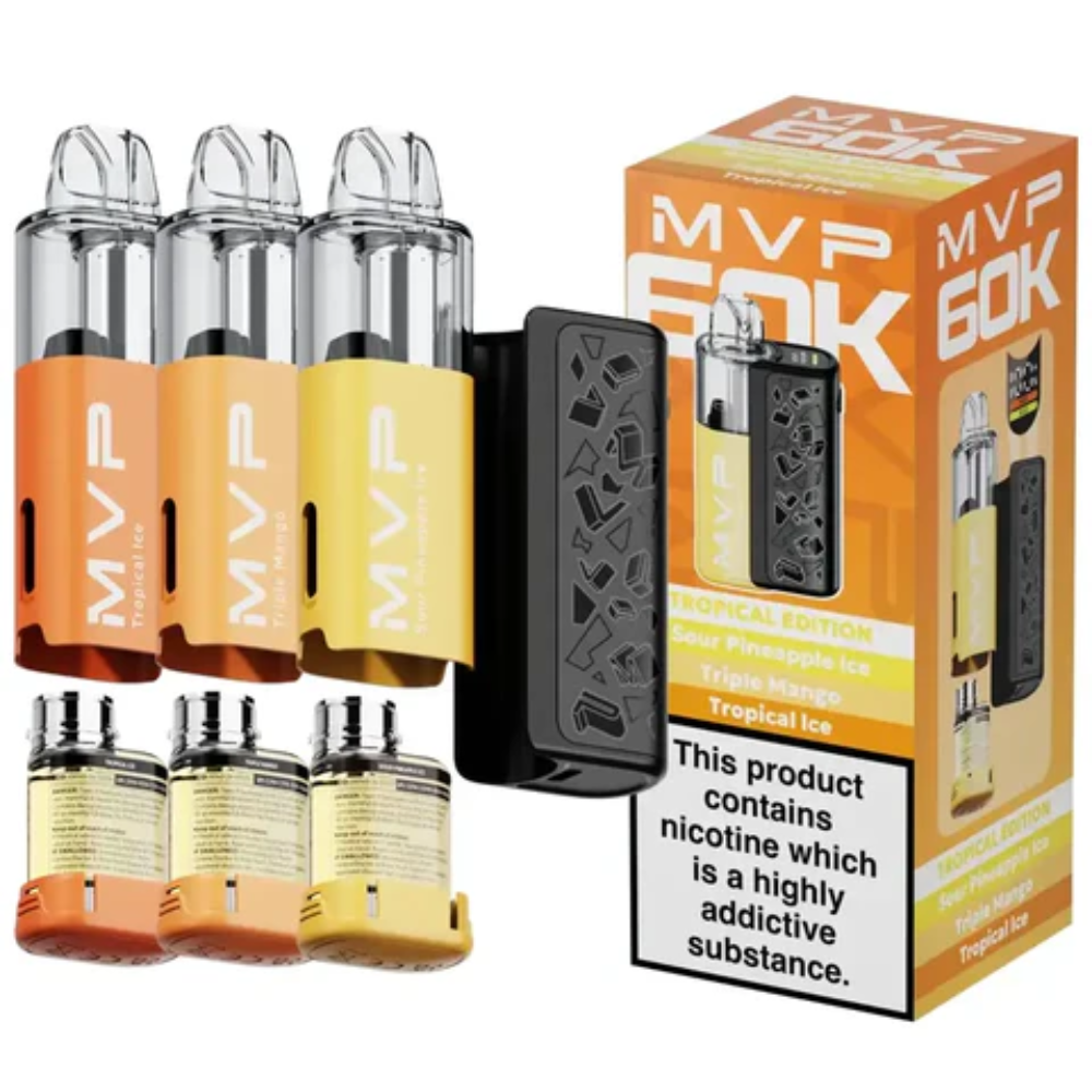 MVP vape devices and packaging on a white background