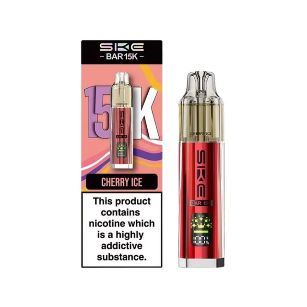 SKE BAR 15K Cherry Ice vape pen with packaging on a white background