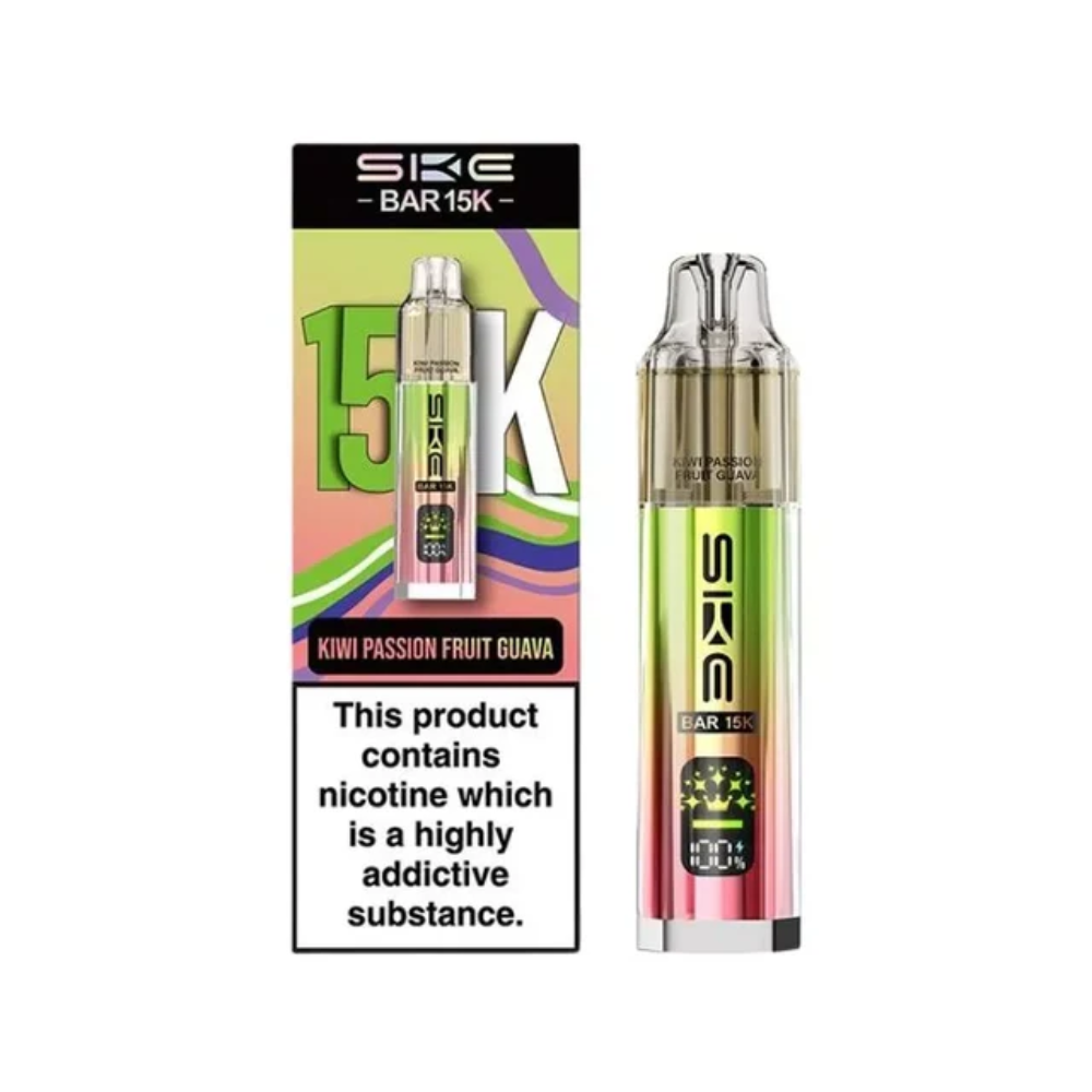 SKE vaping device and packaging on a white background