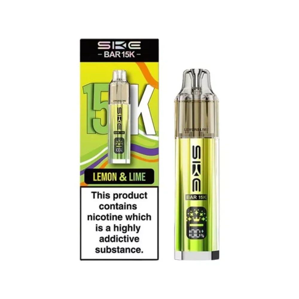 SKE vape pen and packaging with lemon and lime flavor on a white background