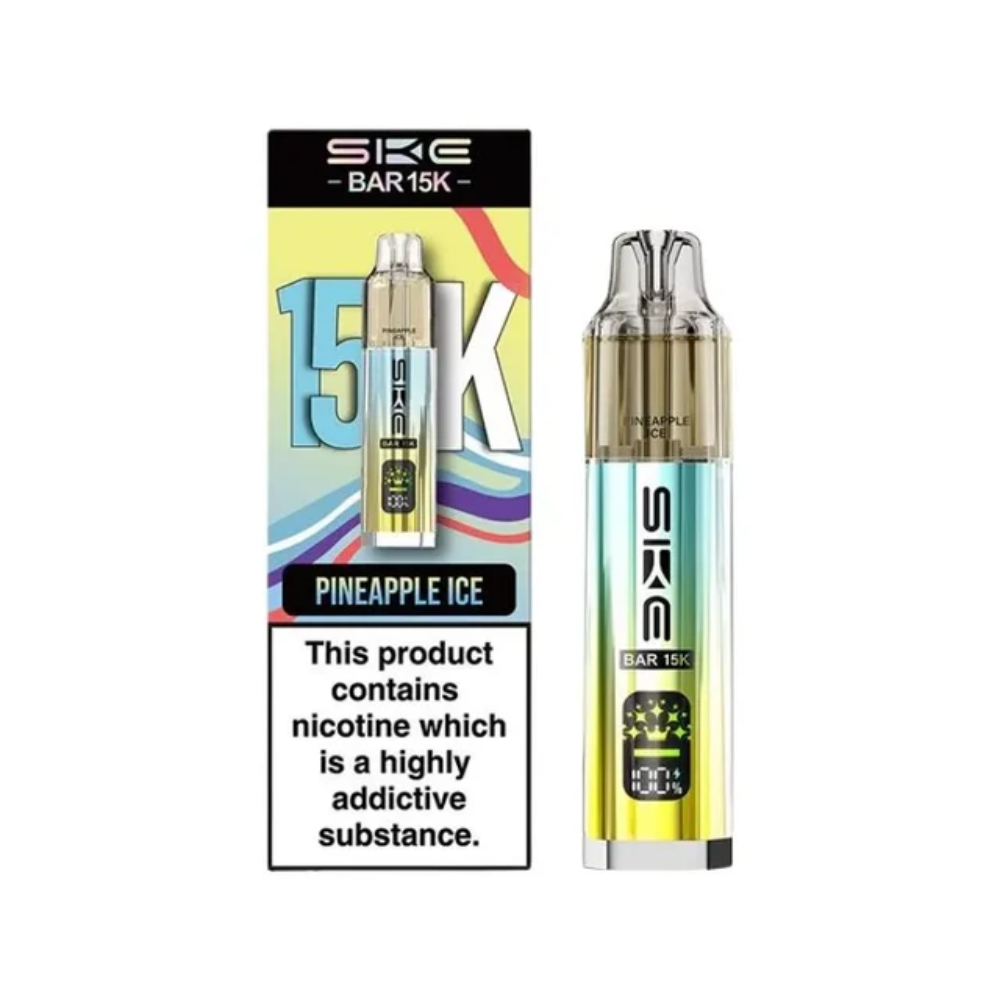 SKE vape pen and packaging with pineapple ice flavor on a white background