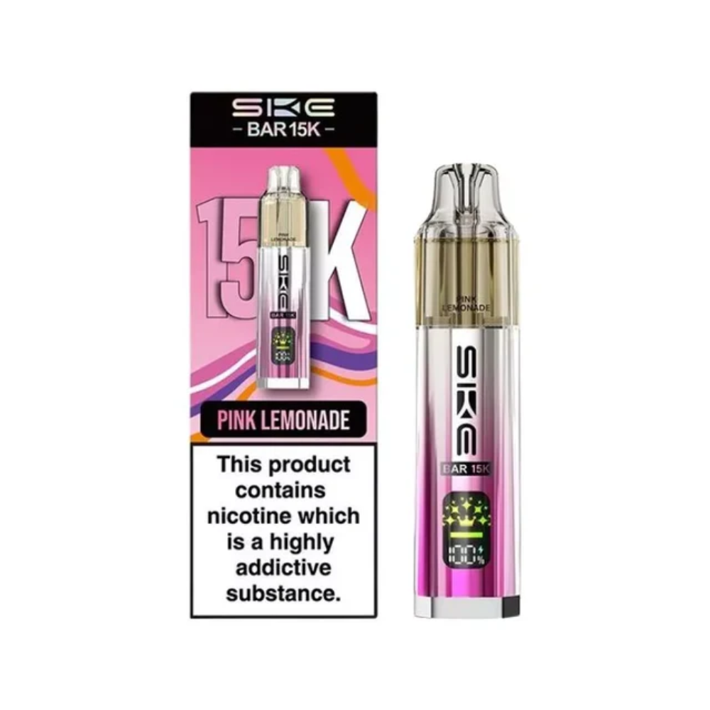 SKE BAR 15K vape device and packaging with pink lemonade flavor on a white background