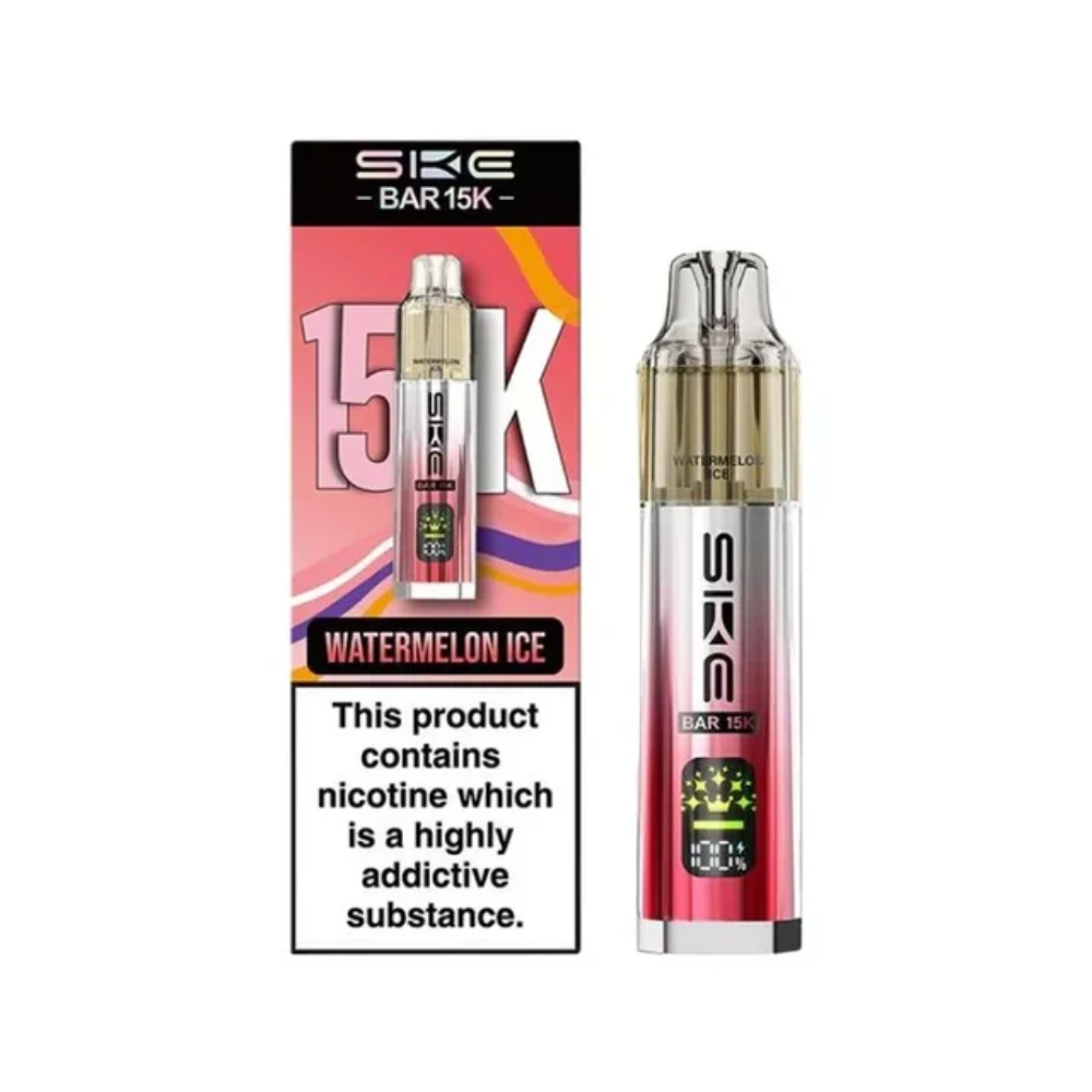 SKE vape device and packaging with 'Watermelon Ice' flavor on a white background