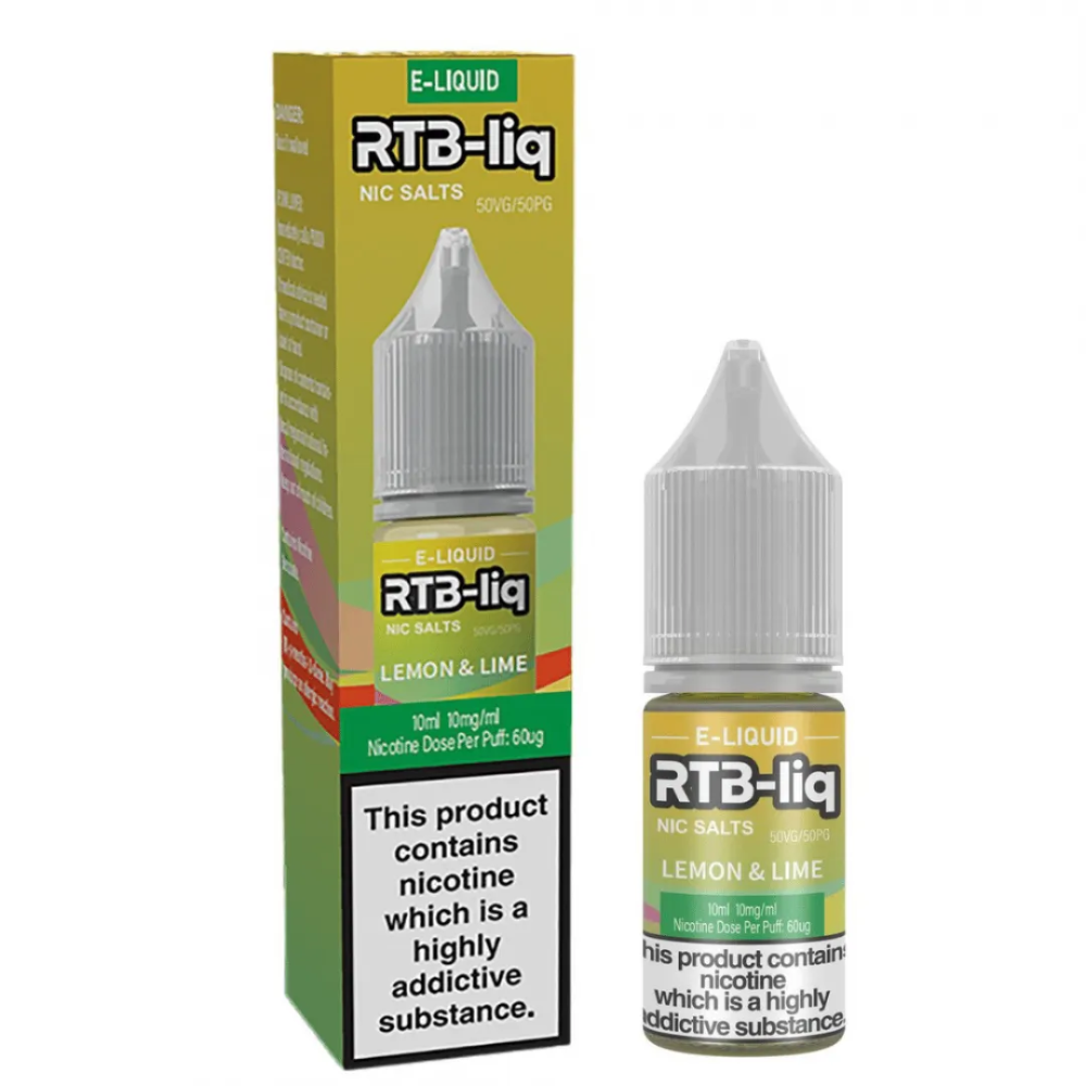 RTB-liq lemon and lime e-liquid bottle and packaging on a white background