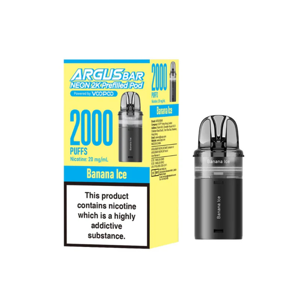 Vape pod packaging with 'Argus Bar' branding and nicotine warning label on a white background