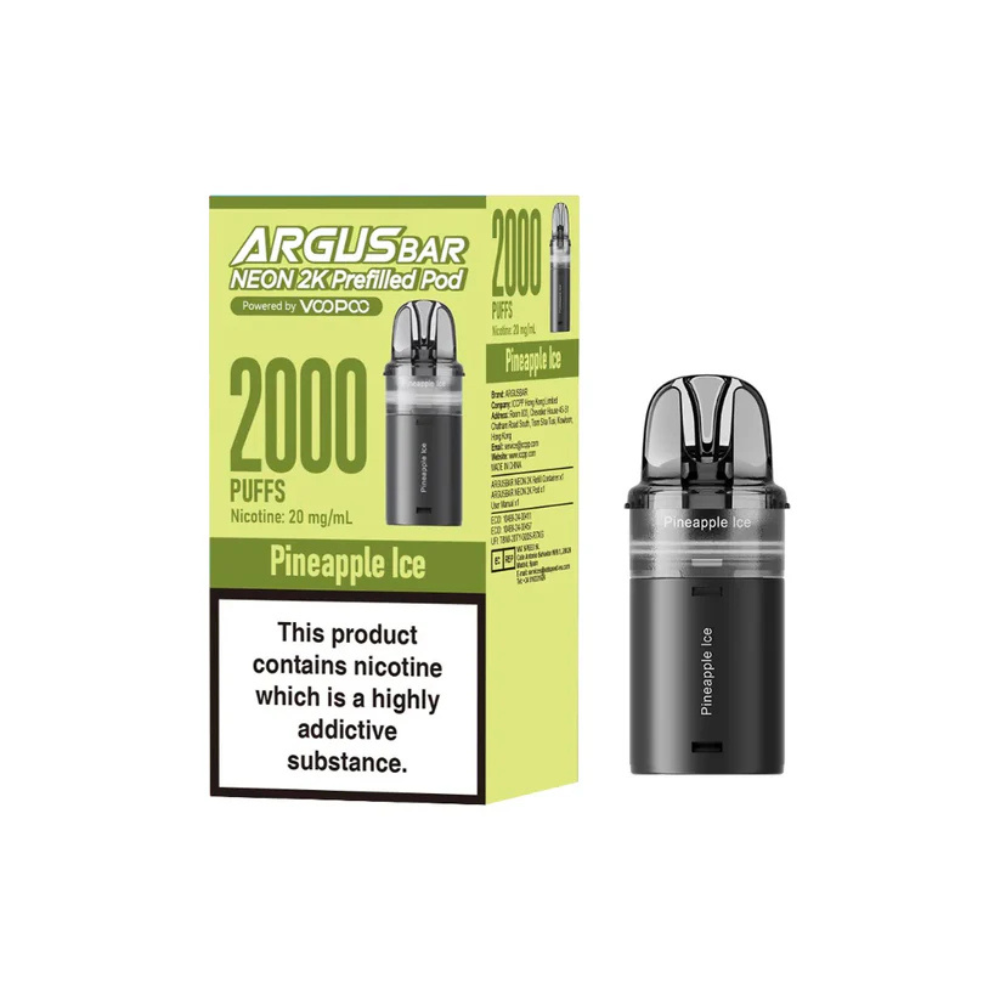 Argus Bar Neon 2K pre-filled pod for vape devices with packaging on a white background