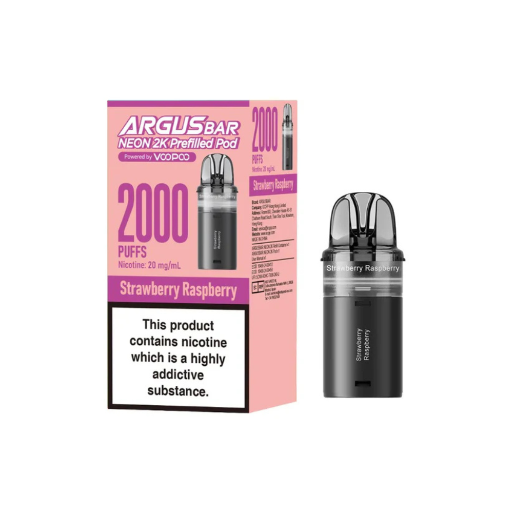 Argus Bar vape pod packaging with strawberry raspberry flavor on a white background