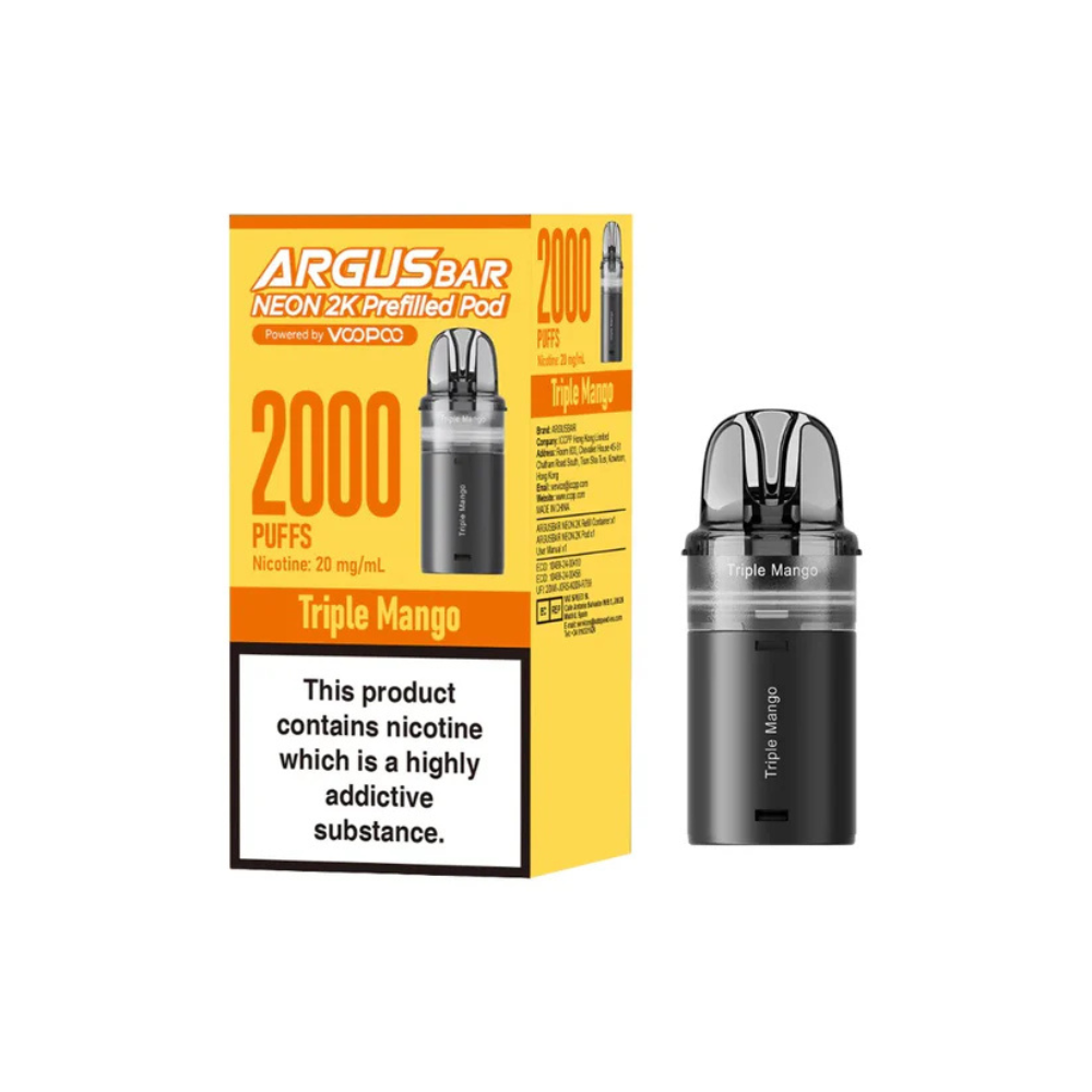 Argus Bar Neon 2X prefilled pod packaging with triple mango flavor on a white background