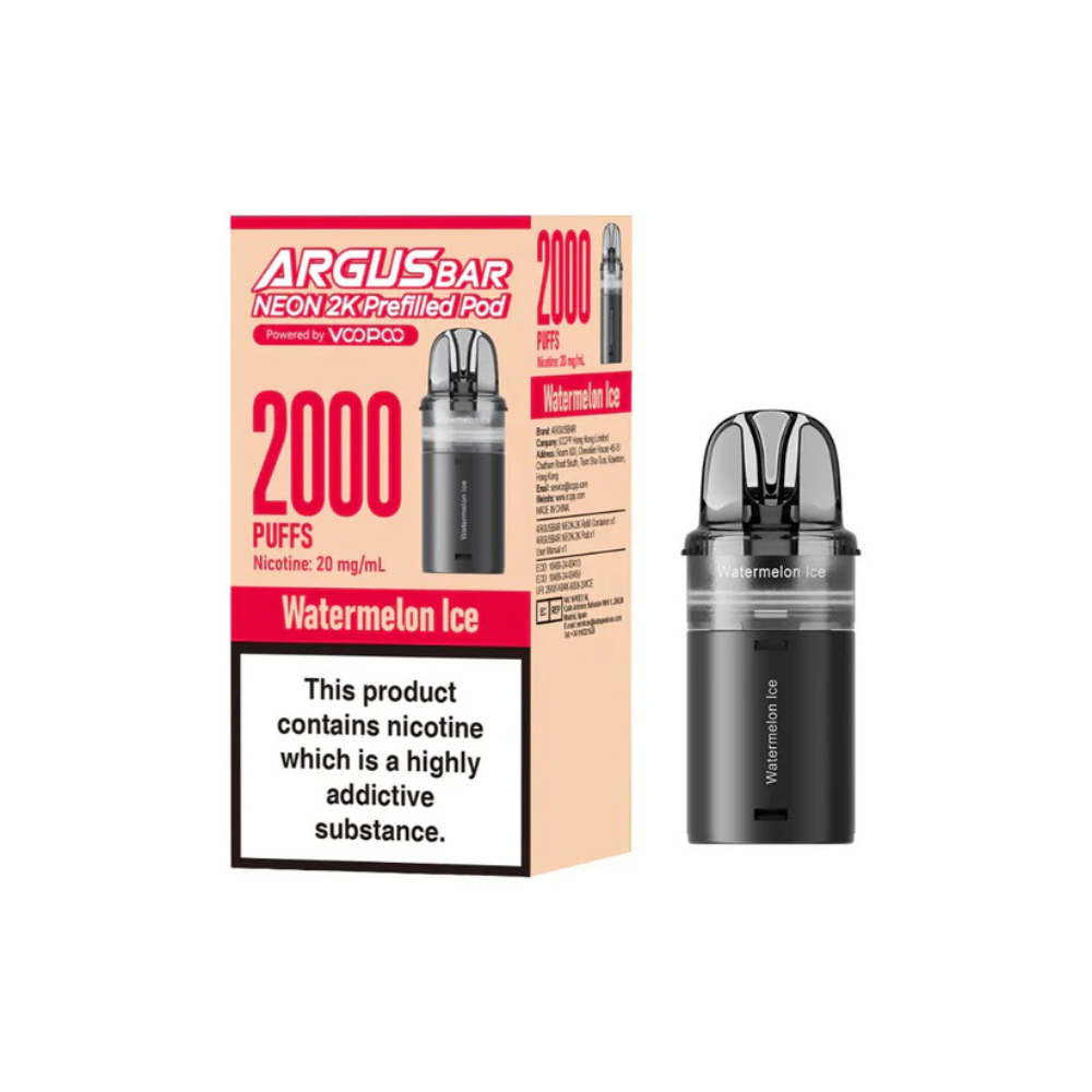 Argus Bar Neon 2K pre-filled pod for vape devices with watermelon ice flavor on a white background.