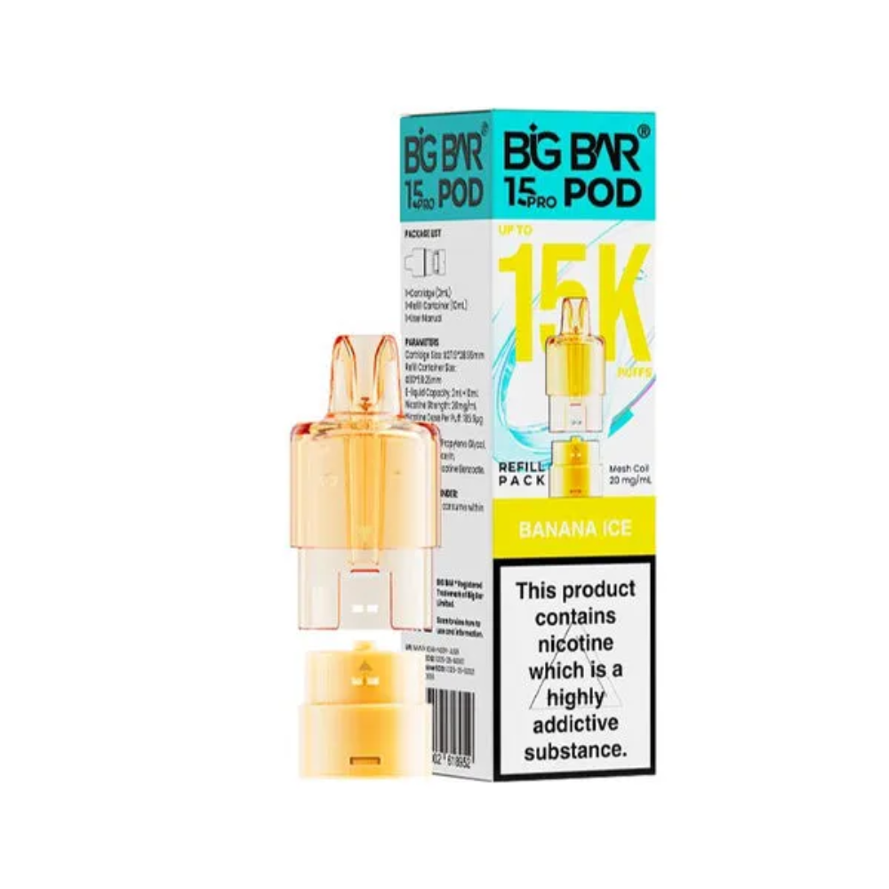 Vape pod and packaging with nicotine warning label on a white background