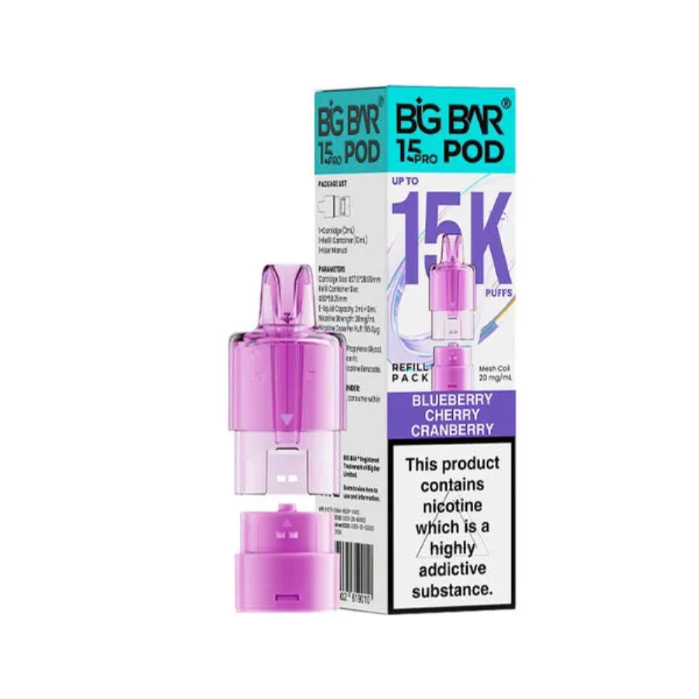 Purple vape pod with packaging on a white background