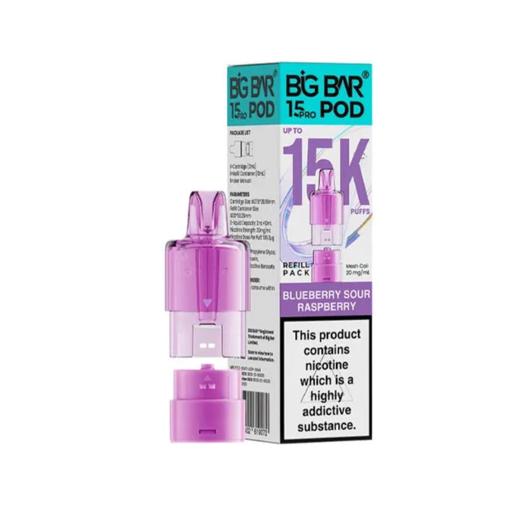 Purple vape pod with packaging on a white background