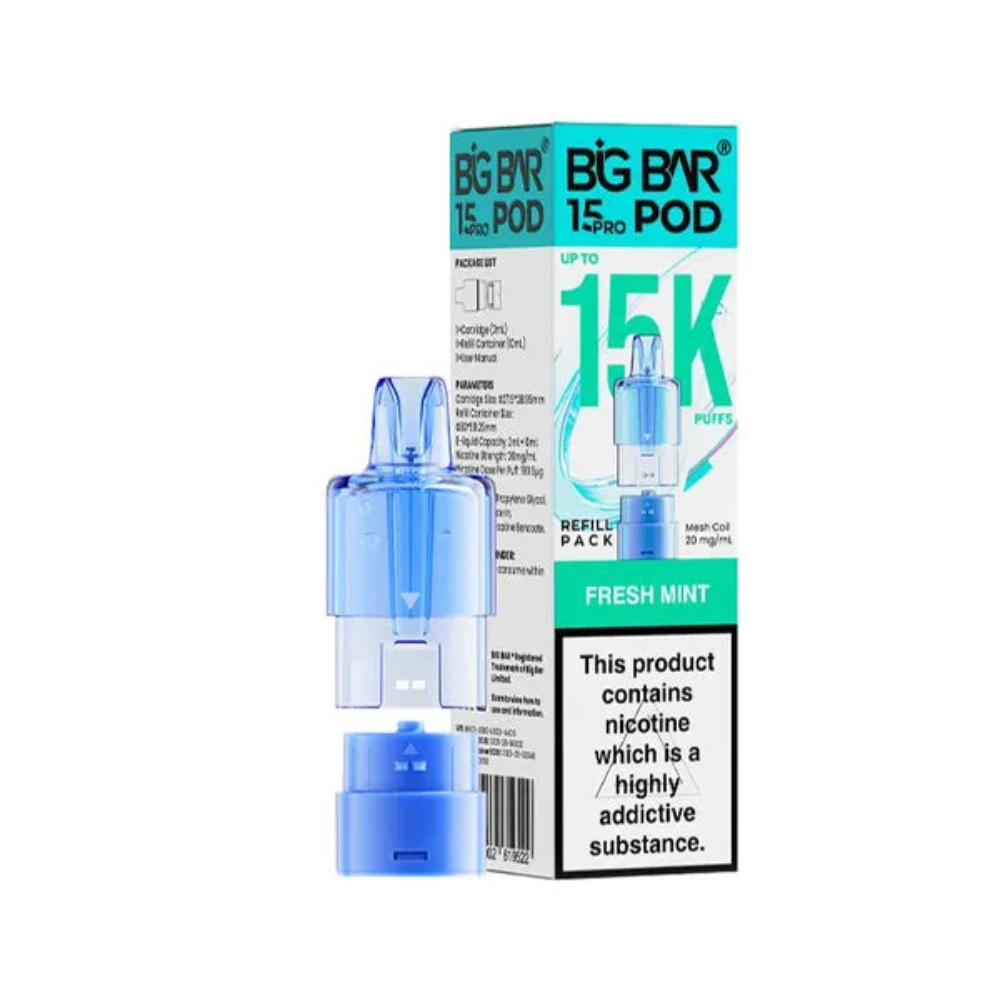 Vape pod and packaging with 'BIG BAR' branding on a white background