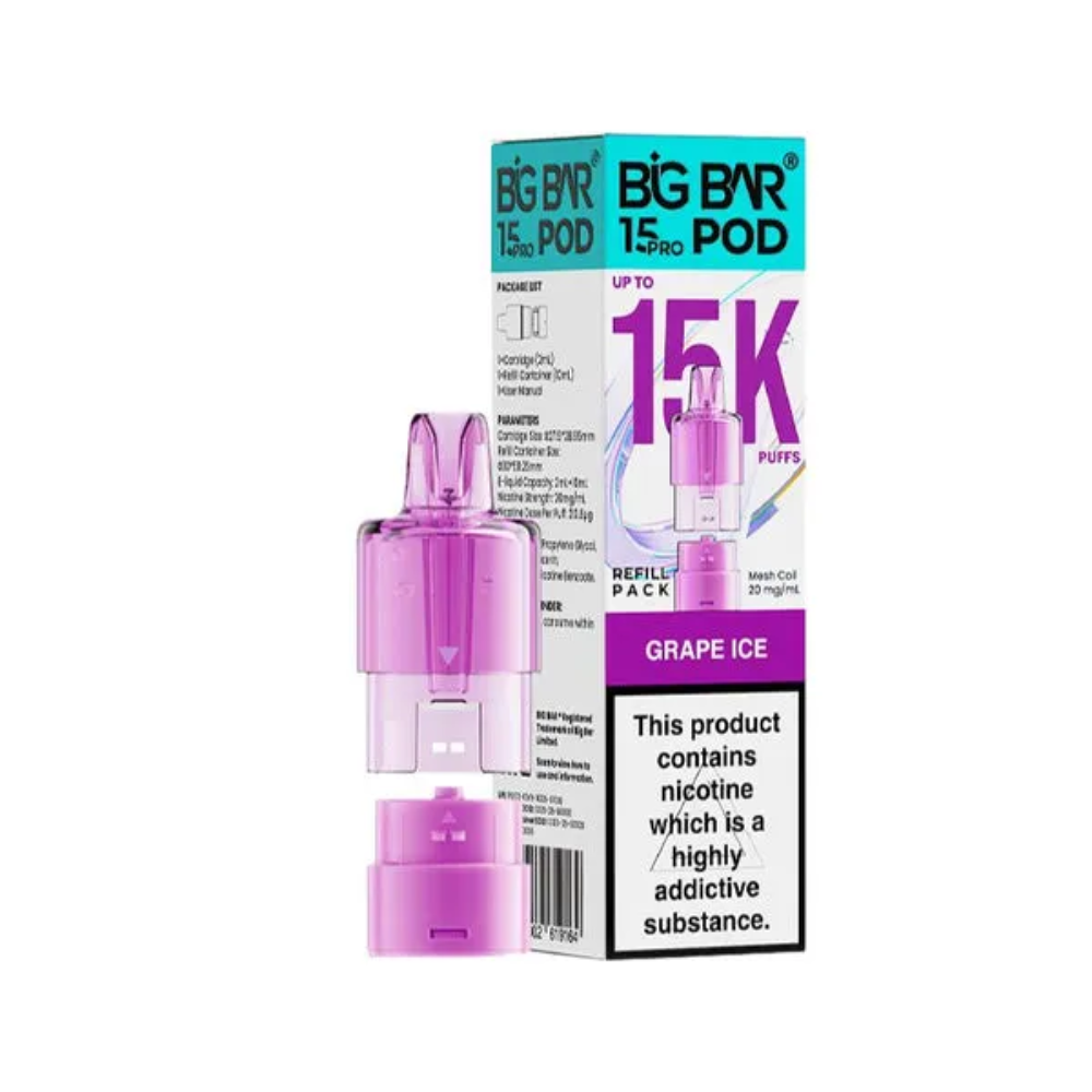 Purple vape pod with packaging on a white background